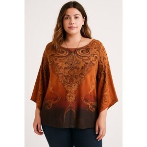Dressbarn Women's Top Tunic Boho Embellished Flare Sleeve Brown 2X Rhinestone